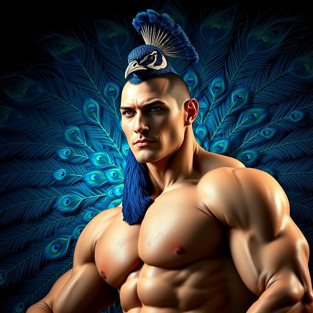 Regal Human-Peacock Hybrid in Vibrant Art Nouveau Style
