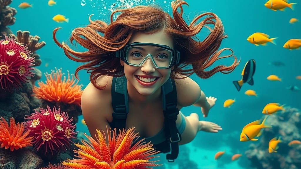 Woman Diving in Coral Reef, Digital Art