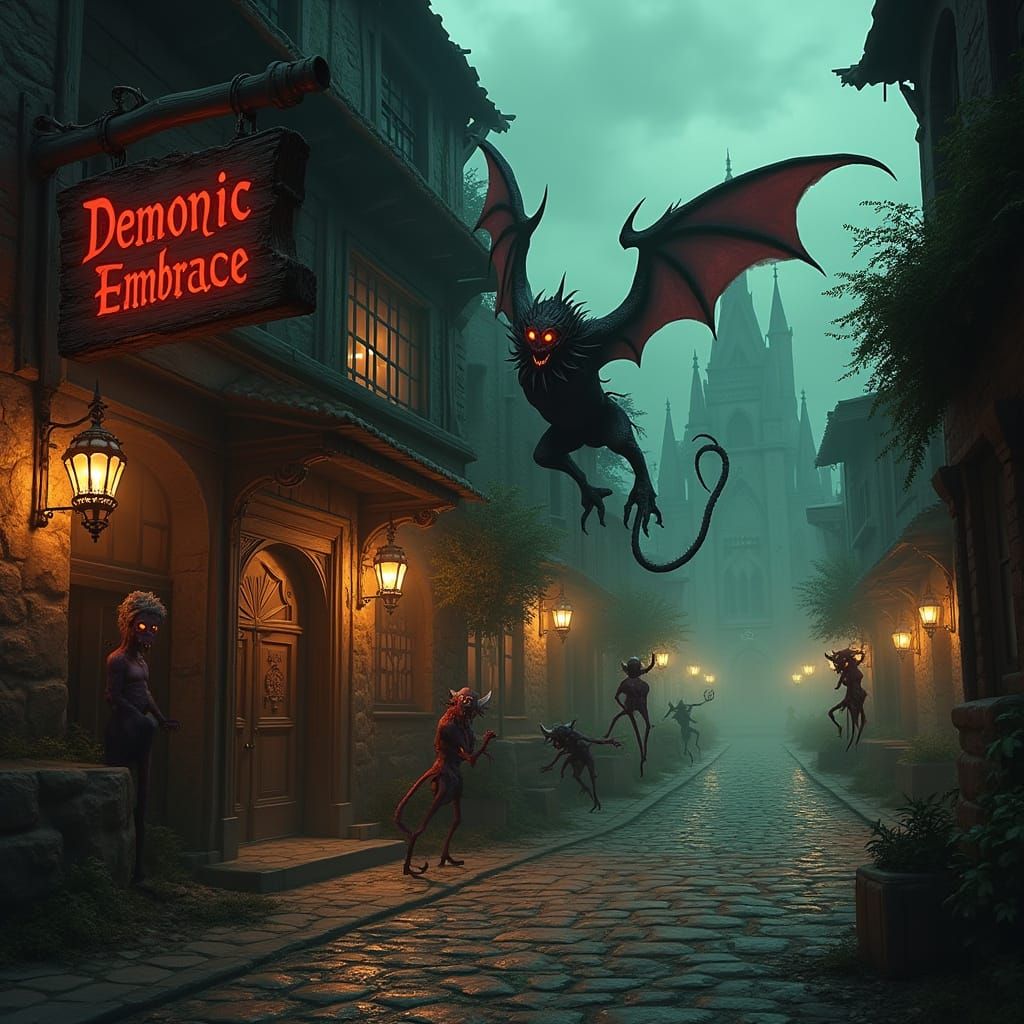 Dark Street Scene with Demonic Pub in Gothic Style