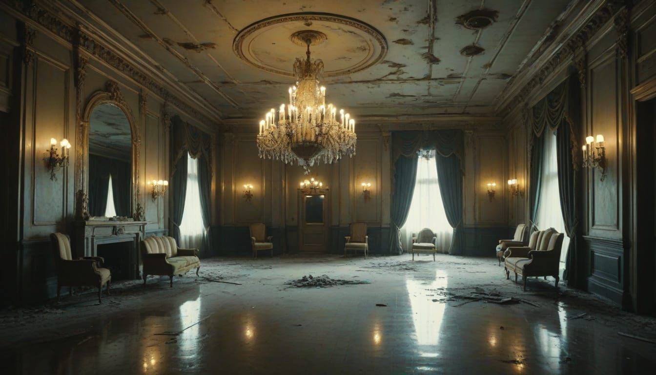 Eerie Abandoned Hotel Lobby in Vintage Decay Style