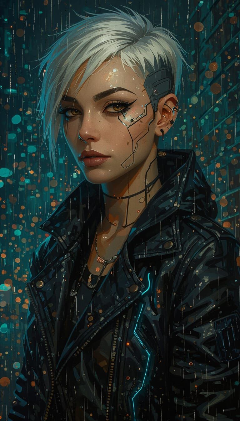 Cyberpunk Netrunner in Rainy Alley: Painterly Realism