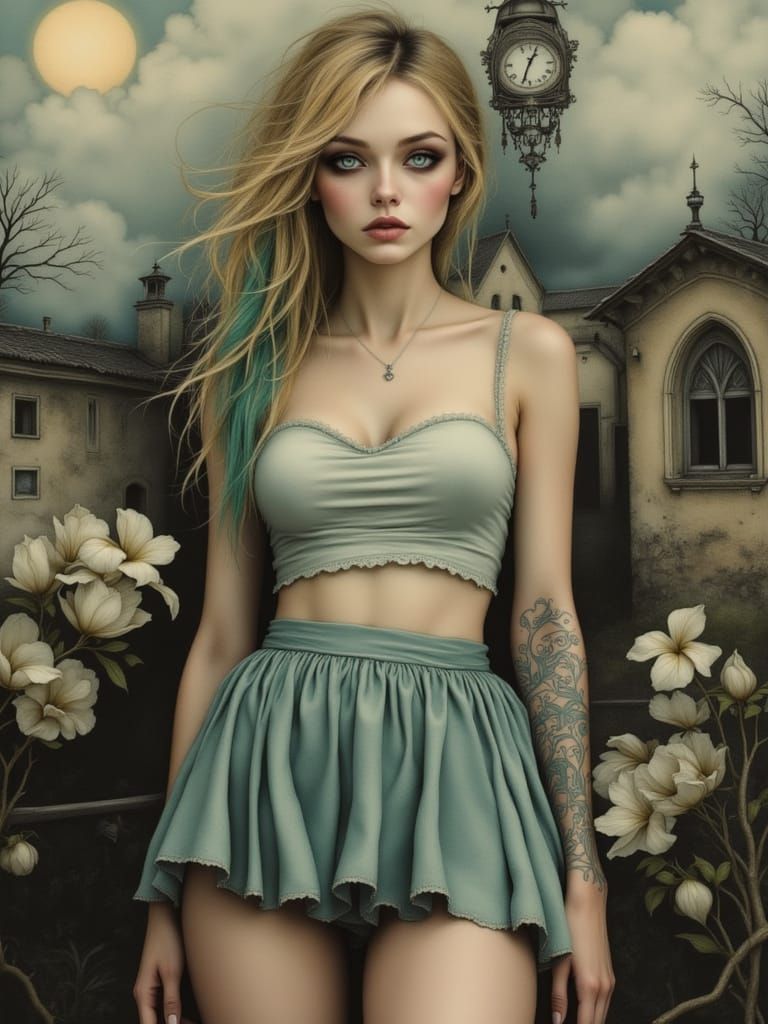 Pin Up Woman With Teal Hair and Floating Clock