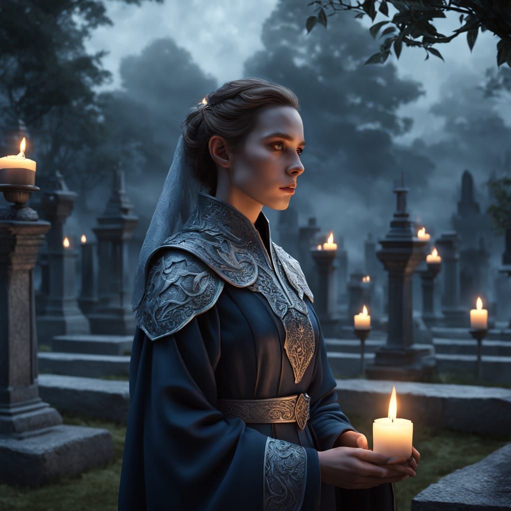 Dragonborn Mourns in Candlelit Cemetery: Fantasy Art