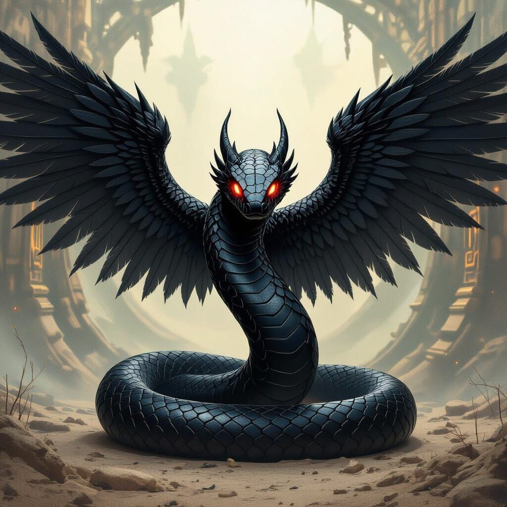 Winged Serpent with Glowing Eyes in Industrial Dreamscape