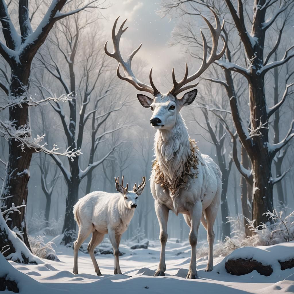 White Deer with Antlers in Snowy Landscape