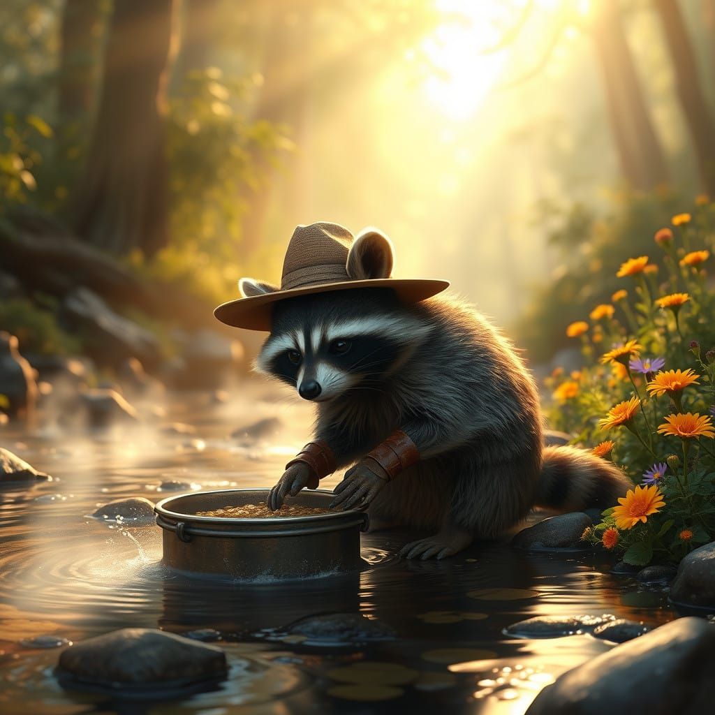 Fantastical Raccoon Pans for Gold in Sunlit Forest Stream