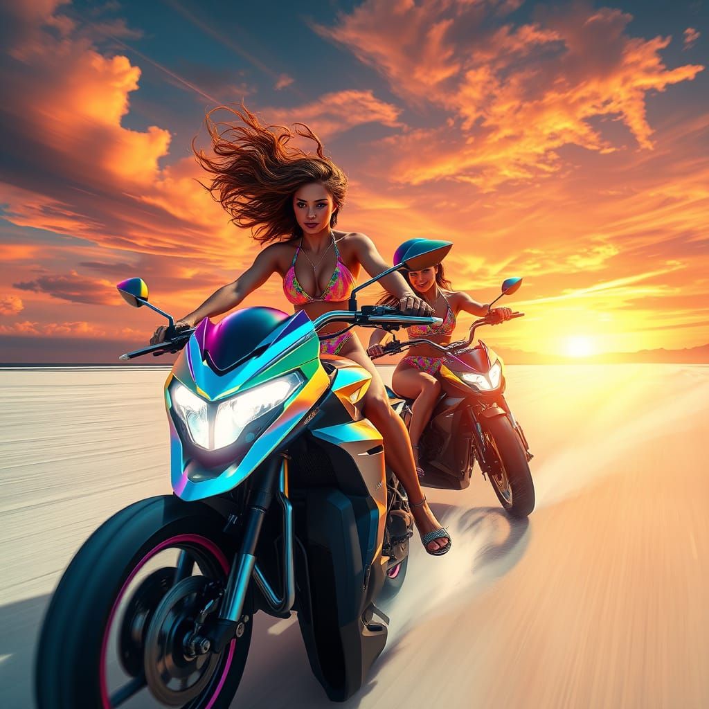 Elegant Women Ride High-Tech Motorcycles Along Sunset Beach