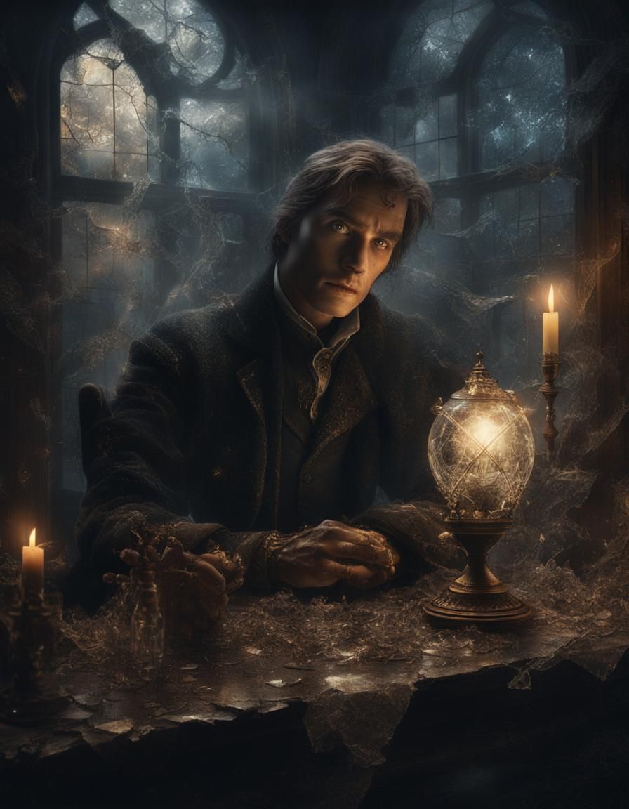 Mysterious Dark Fantasy Study with Broken Glass