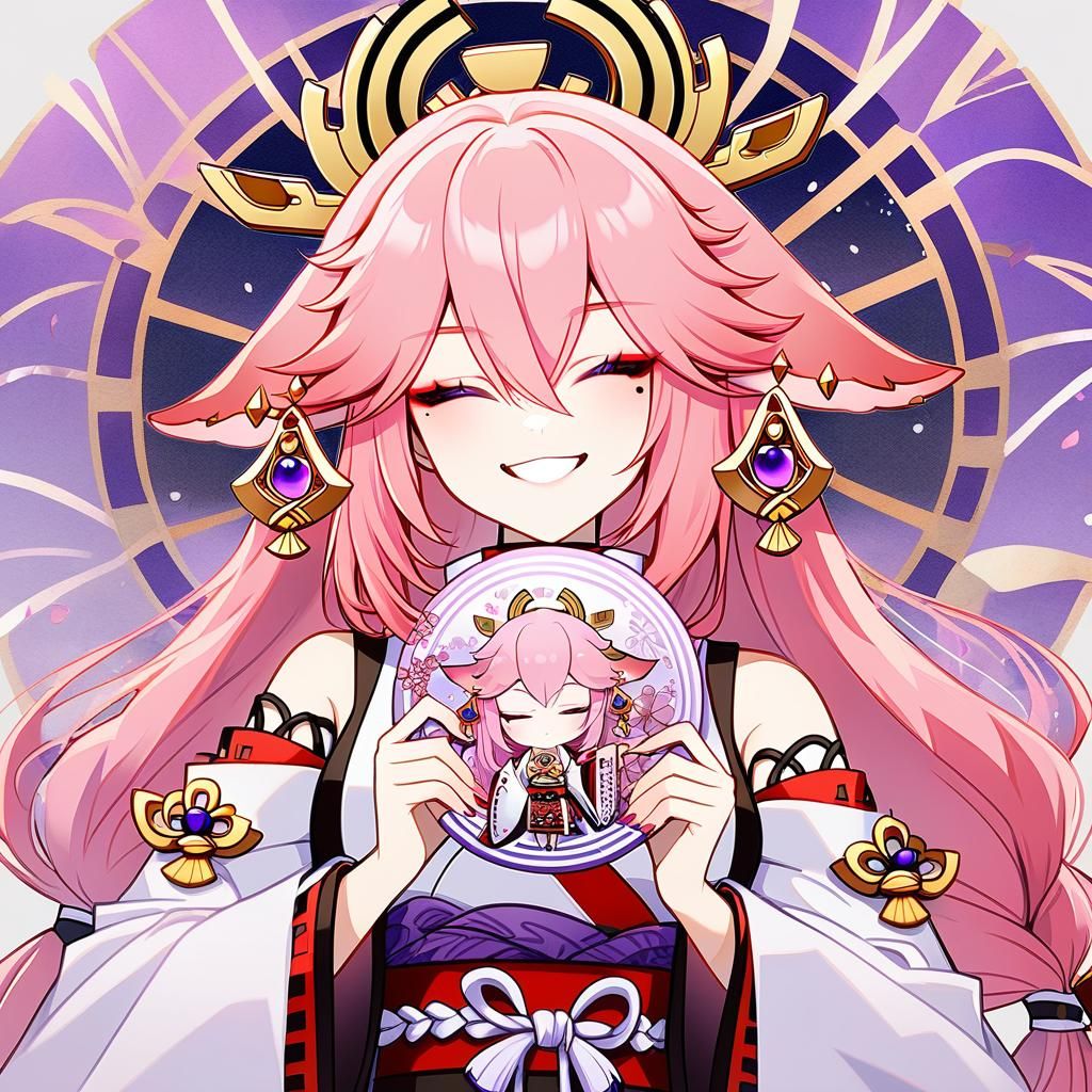 Pink-haired Yae Miko in Kimono with Fox Ears