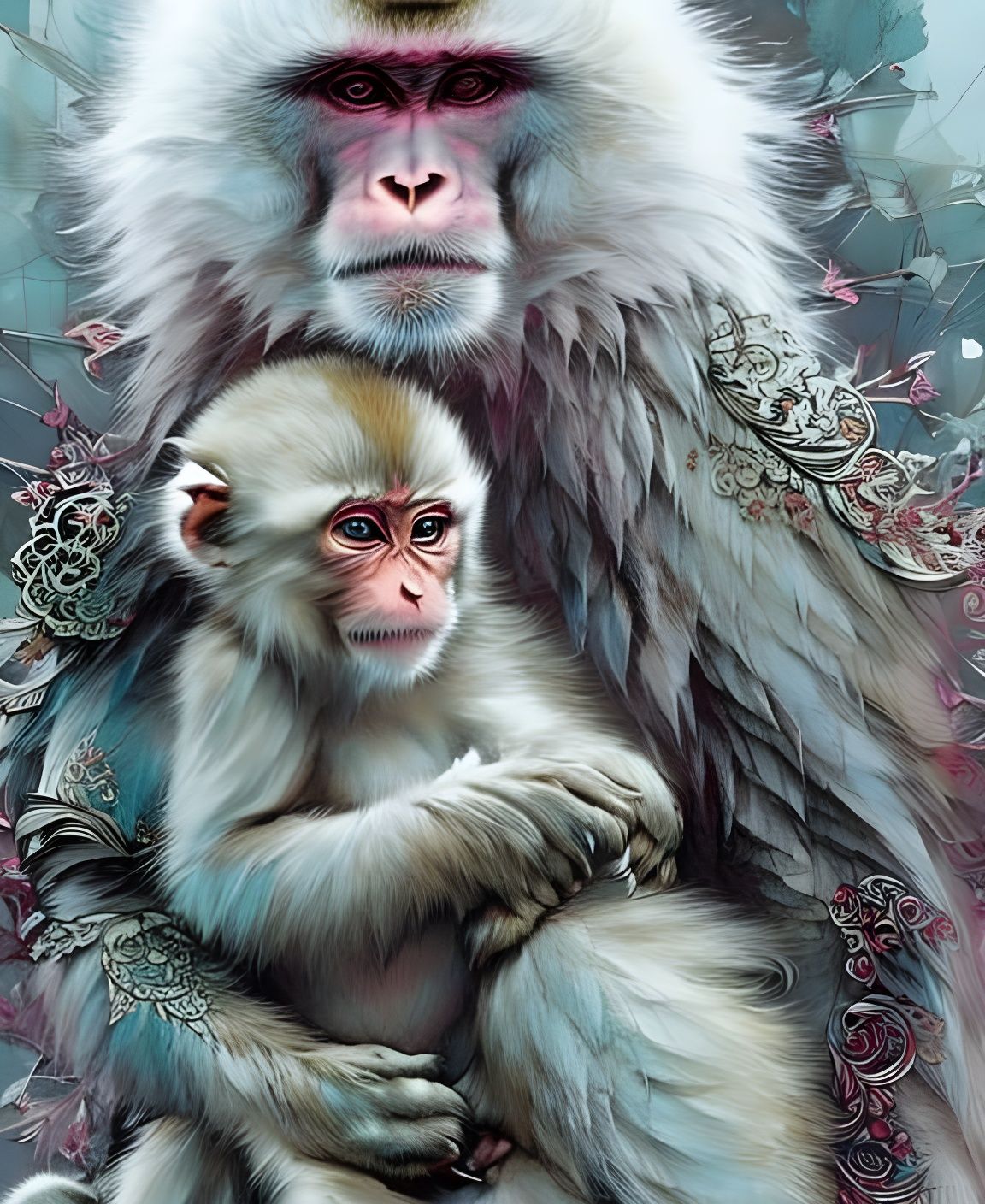 Snow Monkey Mother and Cub: Digital Art