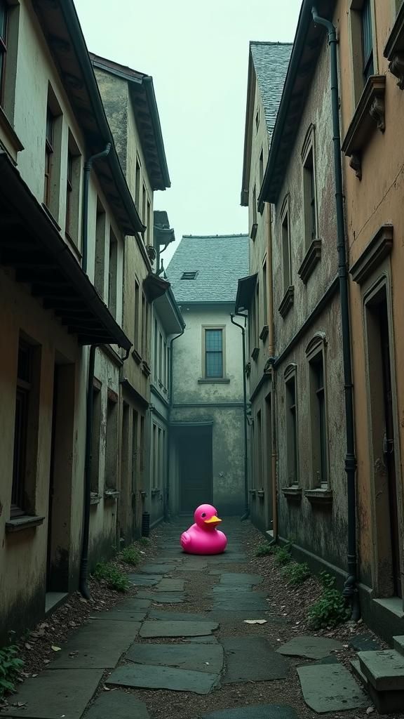 Surreal Alley with Pink Duck, Dreamlike Art