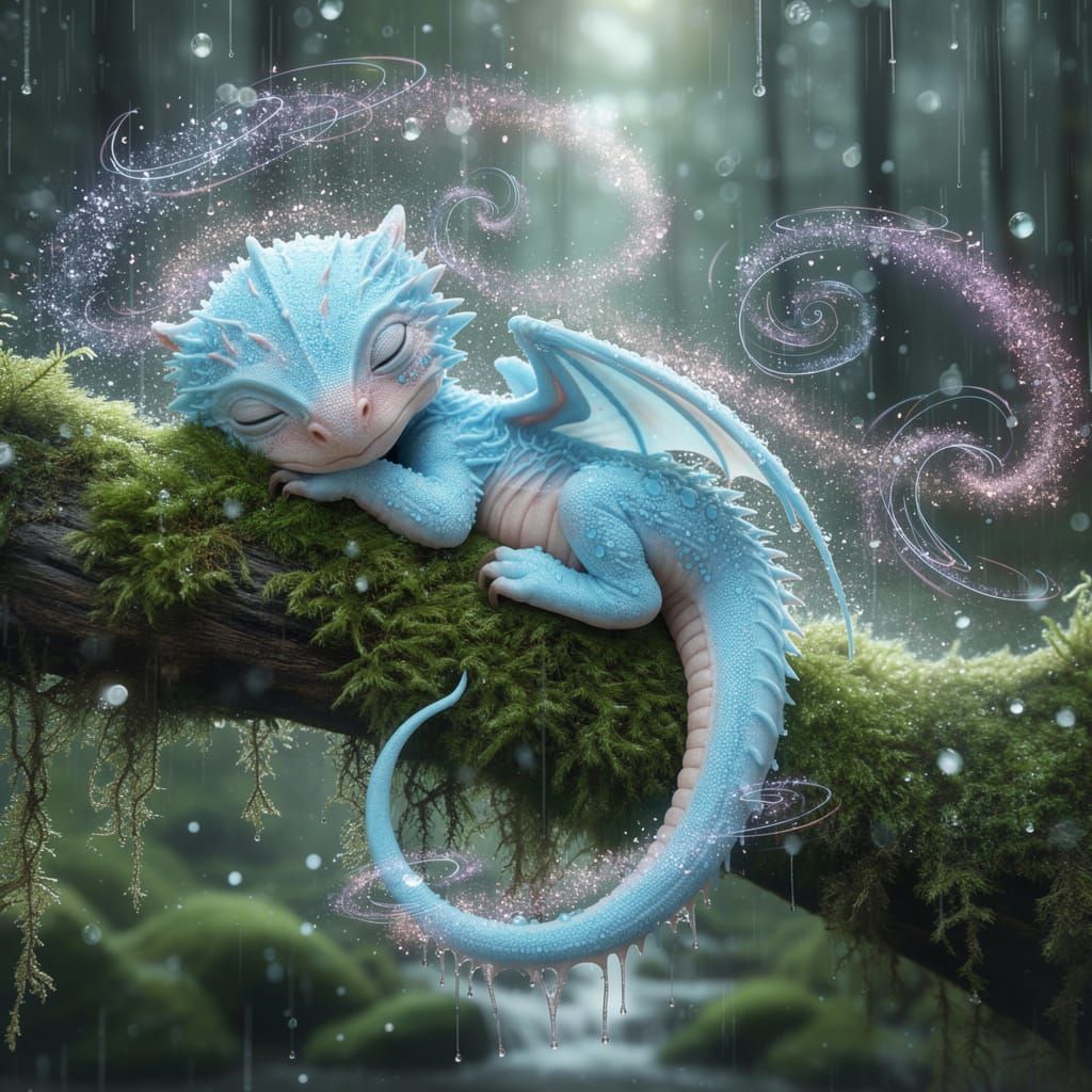 Adorable Baby Blue Dragon Sleeping in Ethereal Rain