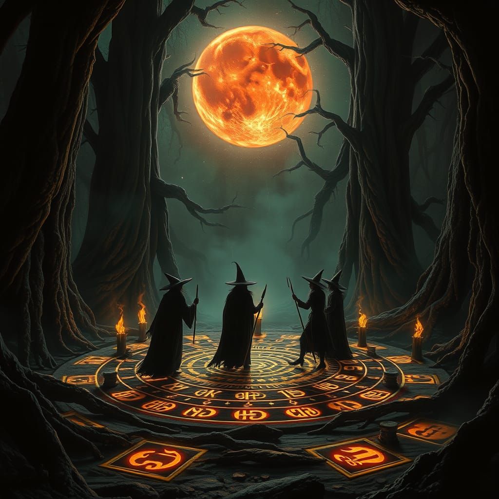 Witches Ritual Under Blood Moon in Enchanted Forest