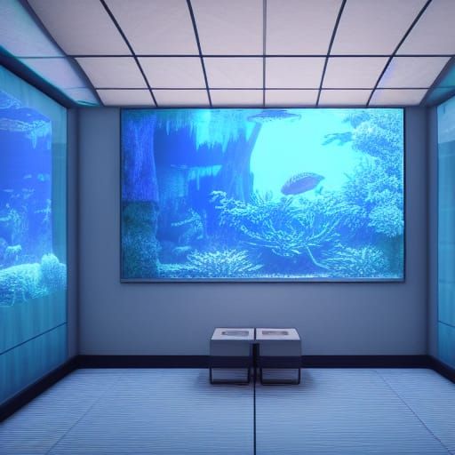 Glitchcore Aquarium Screen in Hyperrealistic Open Space
