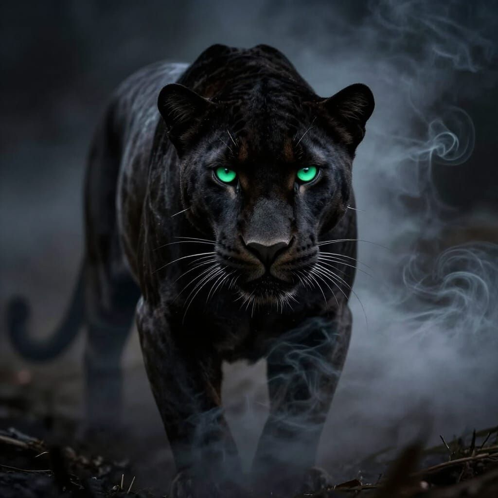 Black Panther Emerges From Smoke With Emerald Eyes