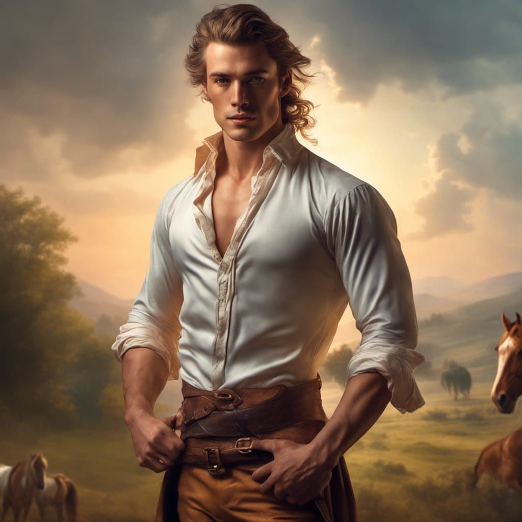 elegant handsome man of 18th century, wearing loose shirt on muscular body,28 year old, landscape, horse background 8K,R...