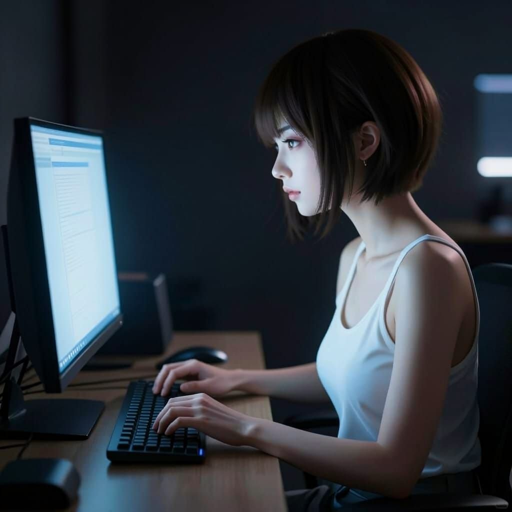Woman Typing on Computer Screen in Ethereal Glow