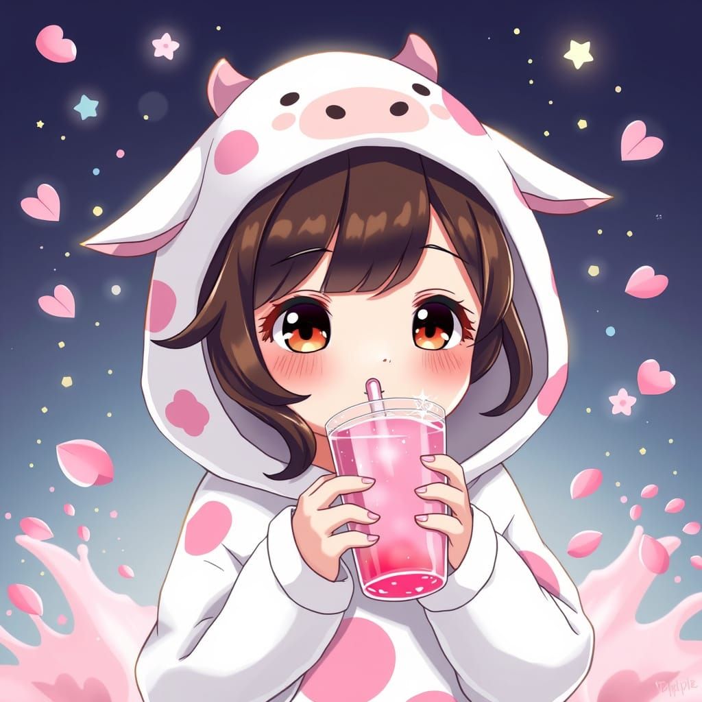 Chibi Anime Girl in Cow Hoodie with Bubble Tea