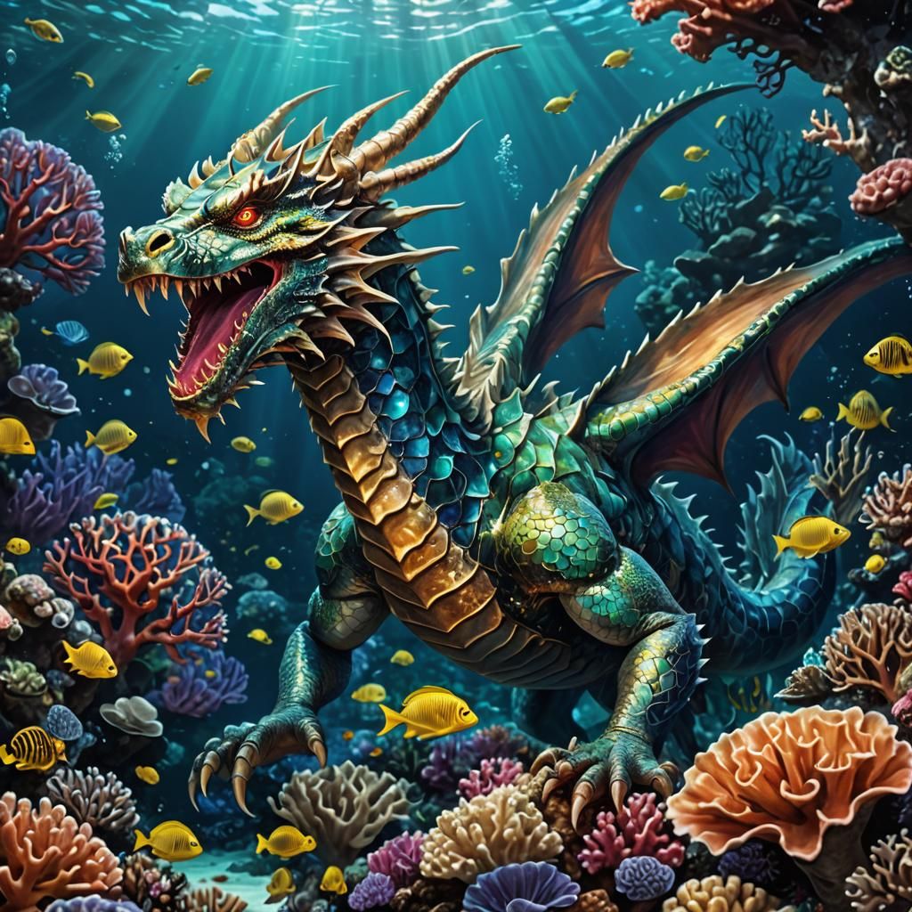 Underwater Dragon Gliding Through Coral Reef