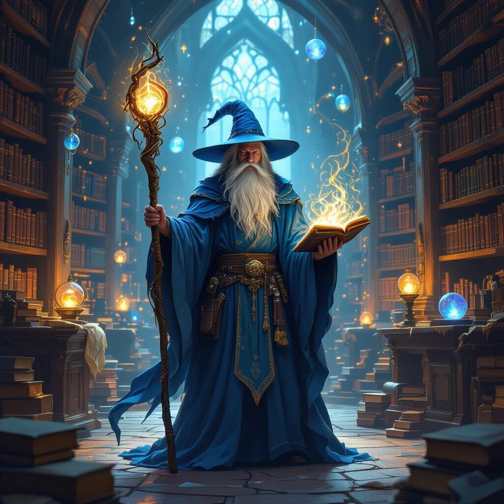 Wise Wizard in Ancient Library with Glowing Staff