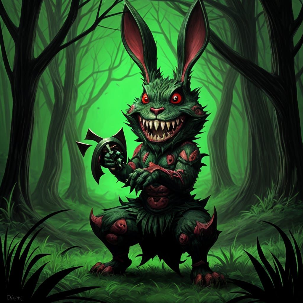 Menacing Celtic Bunny with Red Eyes in Green Woods