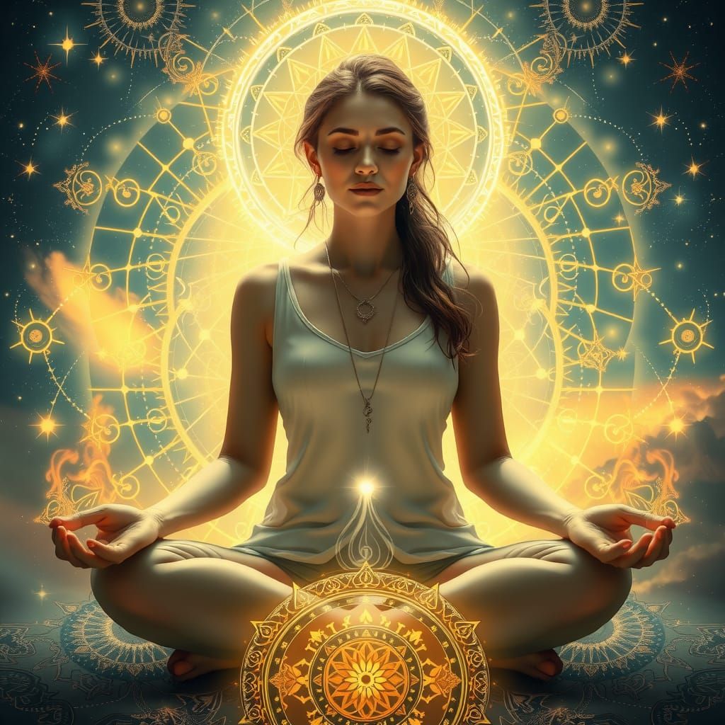 Meditating Woman Surrounded by Spiritual Energy