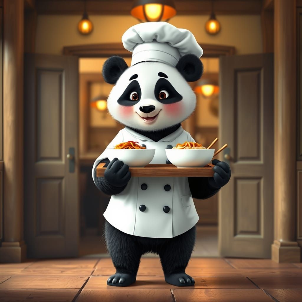 Whimsical Panda Chef in Warm Restaurant Setting