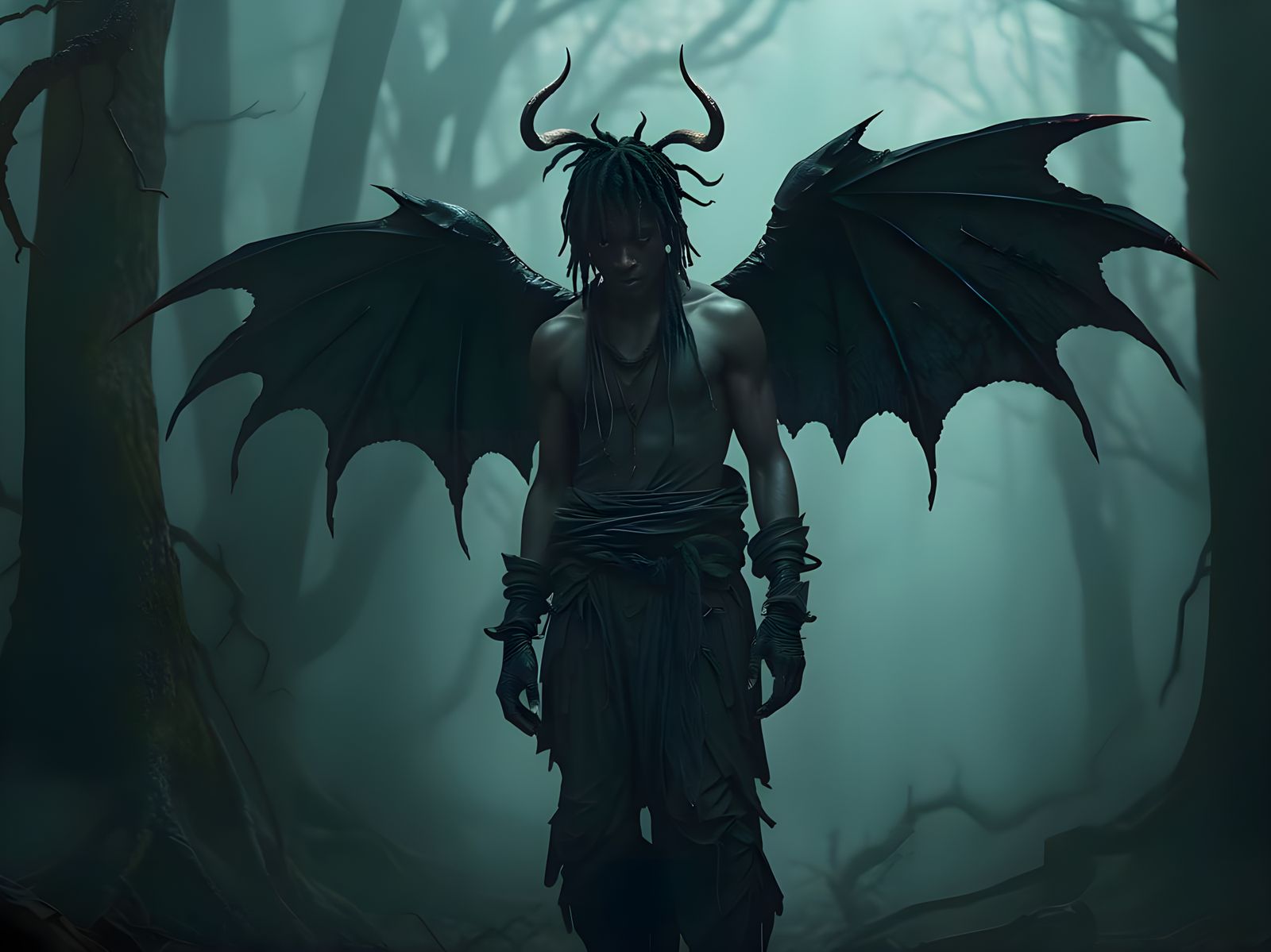 Fallen Angel in Dark Woods: Realistic Demon Wings