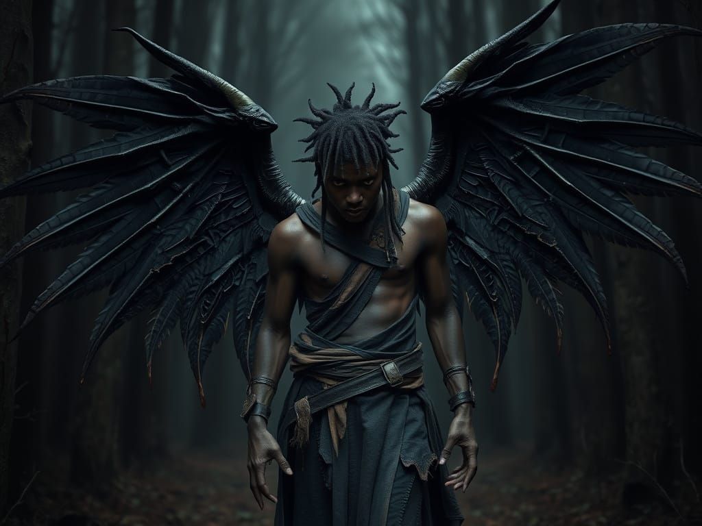 Fallen Angel in Dark Woods with Demon Wings