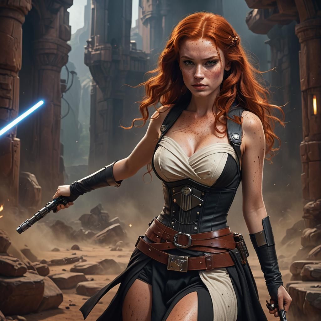 Redhead Pin-Up and Jedi Master in Fantasy Art