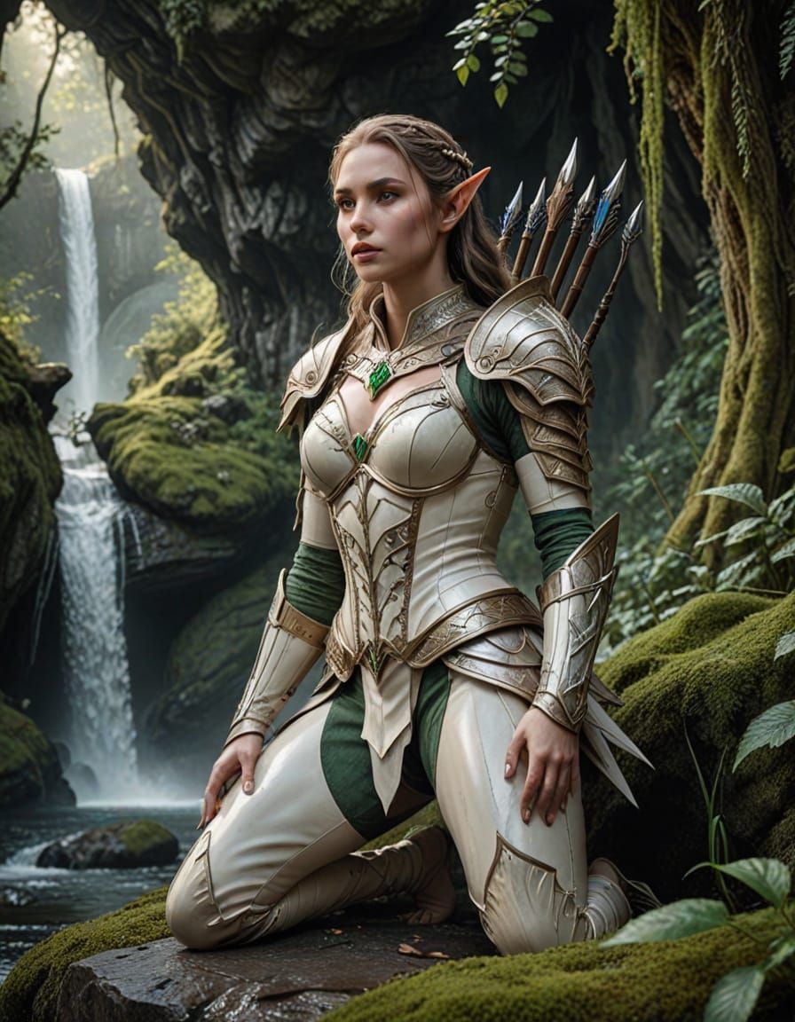 Elf Warrior Kneeling in Waterfall Cave with Arrows