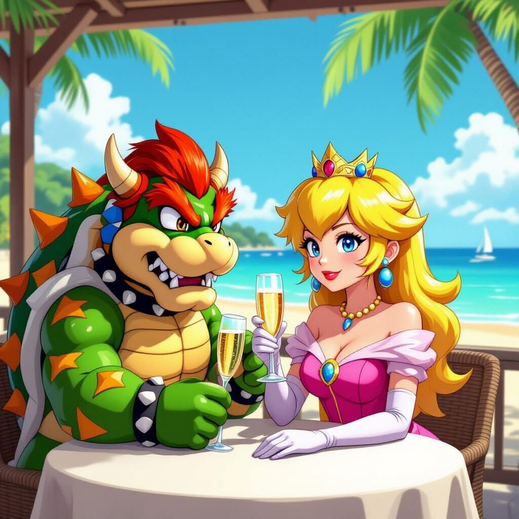Bowser and Peach Toasting Champagne at Beach Restaurant