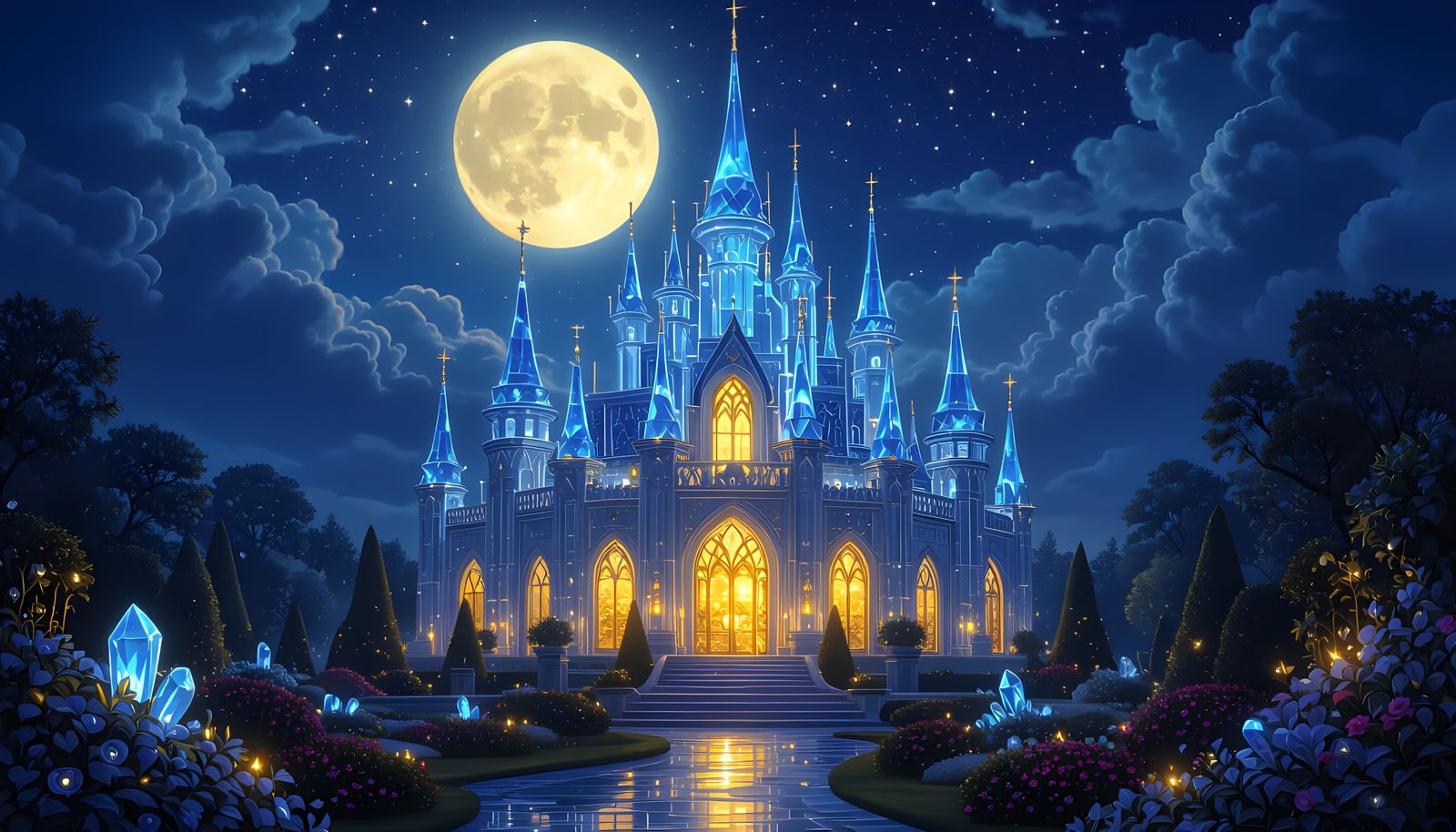 Crystal Palace Under Full Moon with Gemstone Gardens