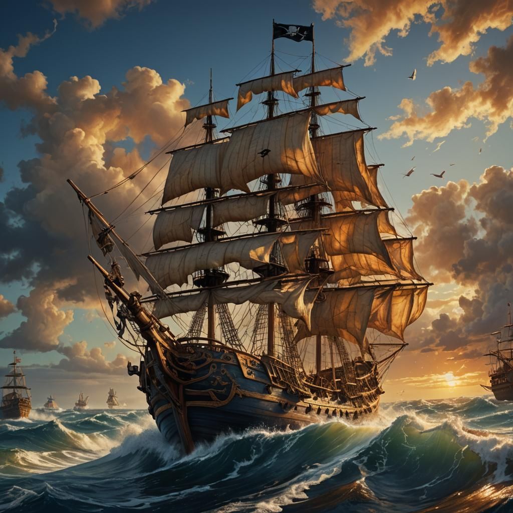Pirate Ship on Choppy Waters in Oil Painting Style