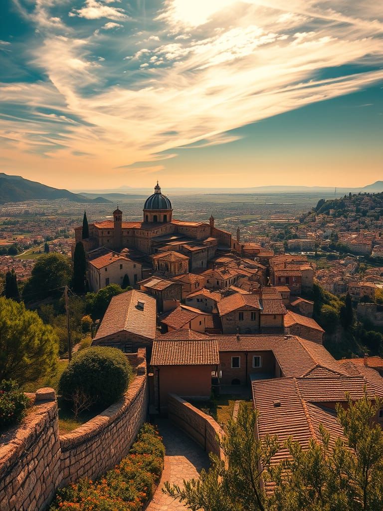 Serenely Picturesque Village Overlooks City in Golden Light