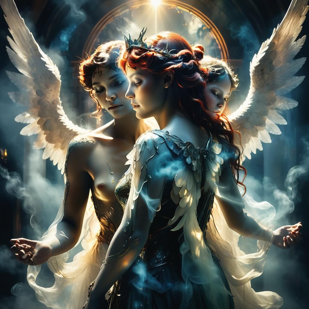 Angelic Demon Double Exposure in Dramatic 3D Style