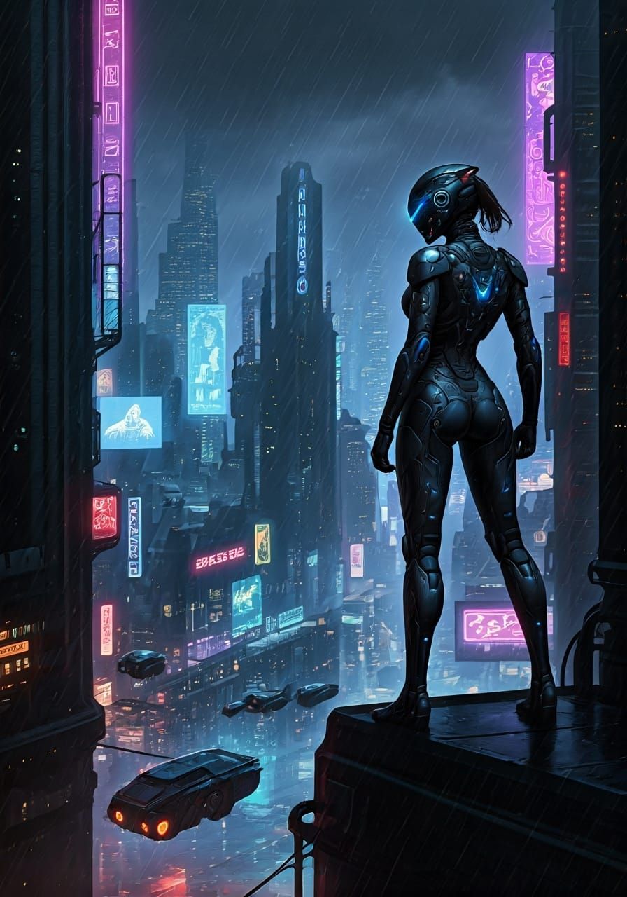 Motoko Kusanagi cyborg warrior stands atop a towering, futur...