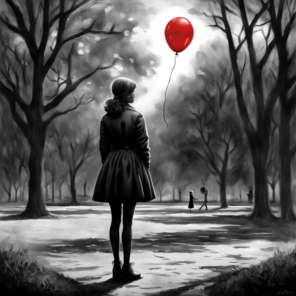 Girl with Red Balloon in Sinister Retro Style