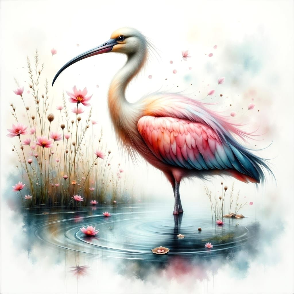 Whimsical Pastel Spoonbill in Ethereal Watercolor Style