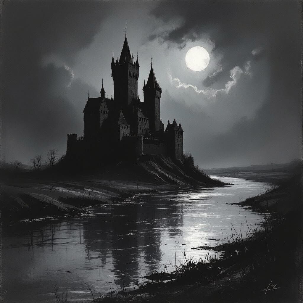 Imposing Castle by River in Dramatic Charcoal Sketch Style