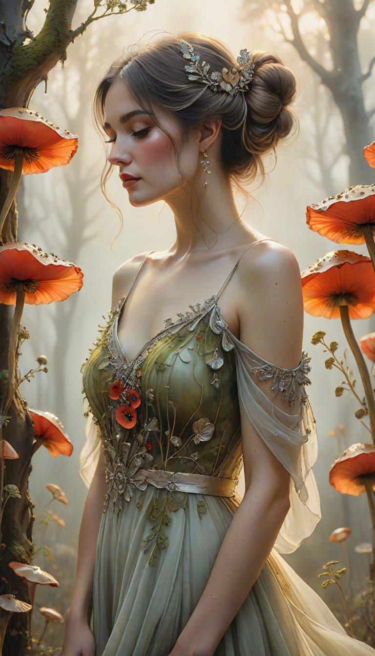 Ethereal Woman with Moss Hair in Vermilion Gown