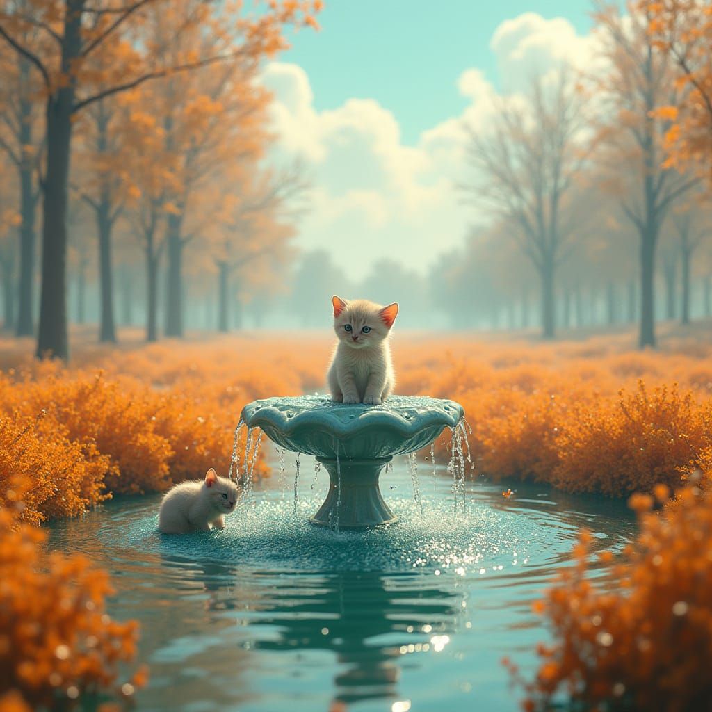Fountain with Kittens in Treeless Fields, Concept Art Style