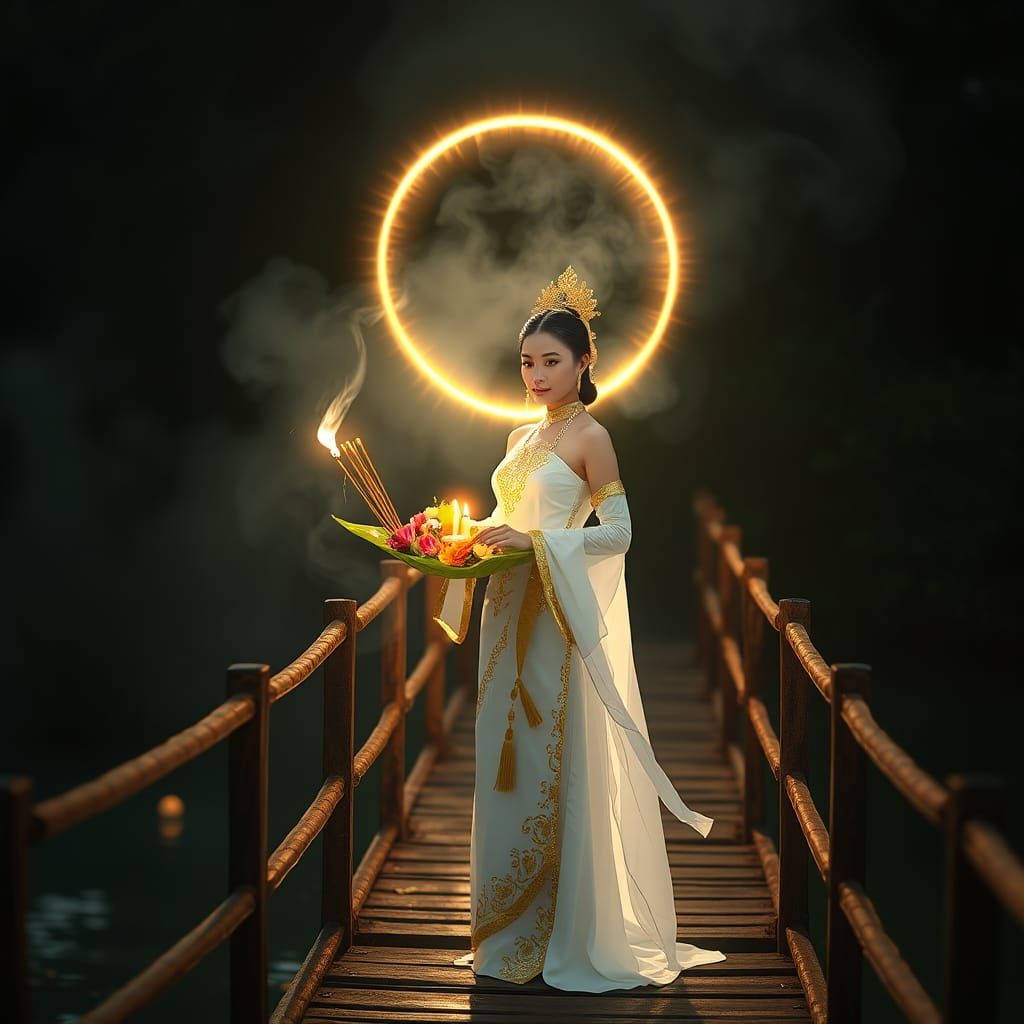 Woman in Thai Dress with Krathong, Digital Art
