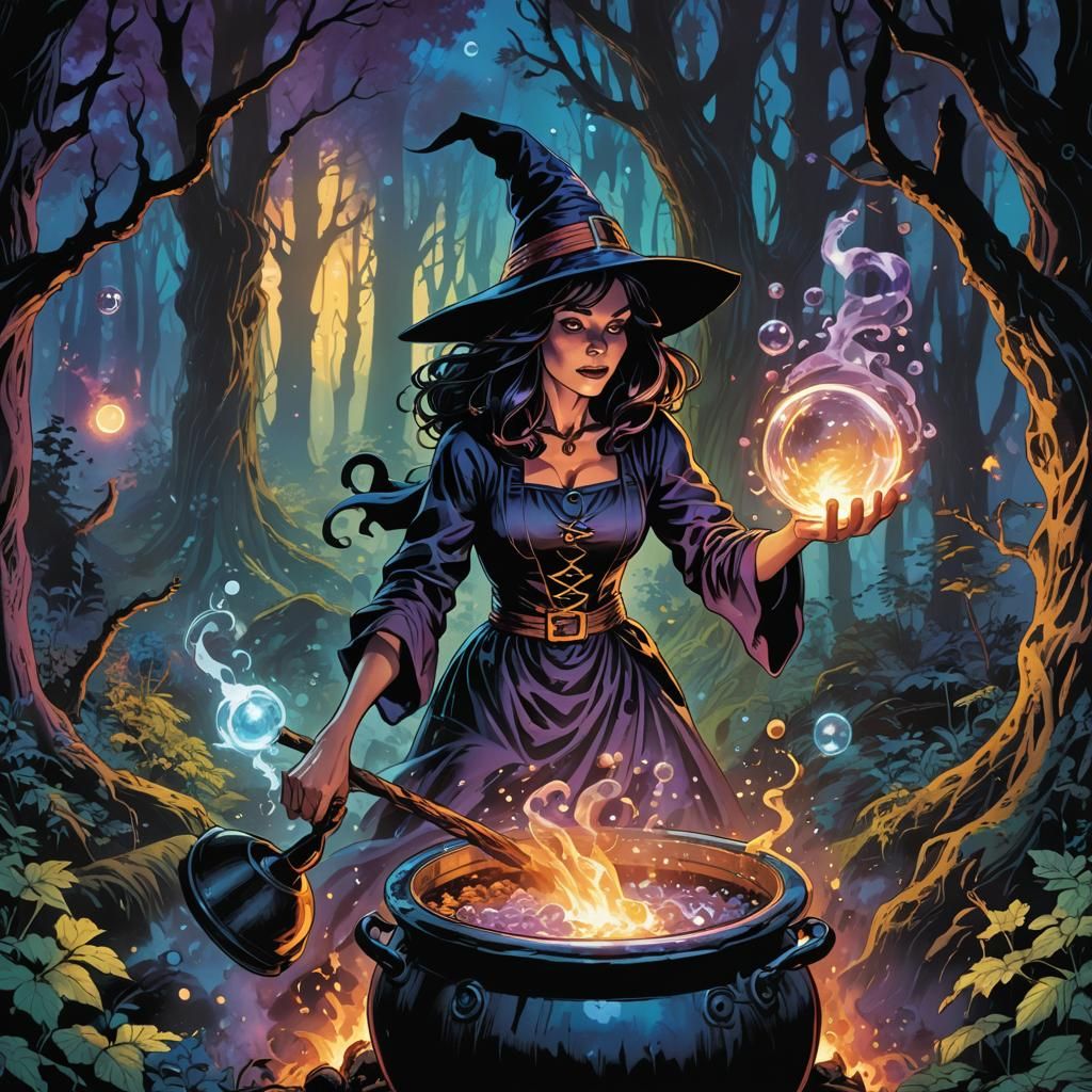 Mystical Witch Stirring Glowing Cauldron: Comic Book Art