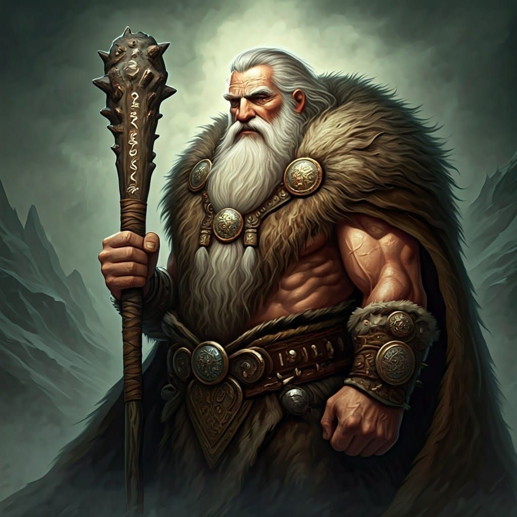 Majestic Dagda with Club in Mythical Landscape