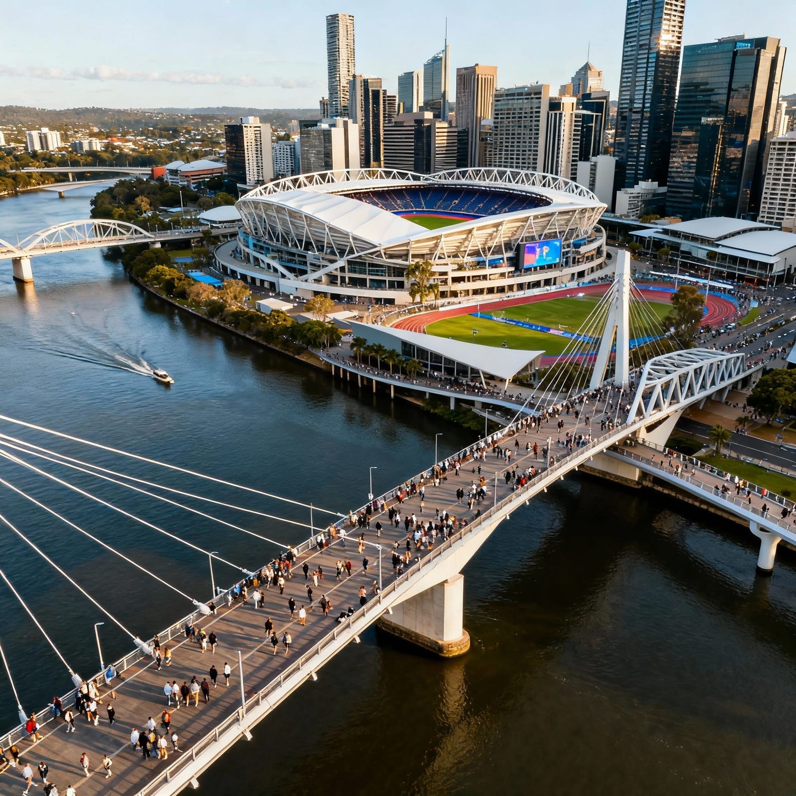 Brisbane Olympic Stadium Near River in Clear Afternoon Light