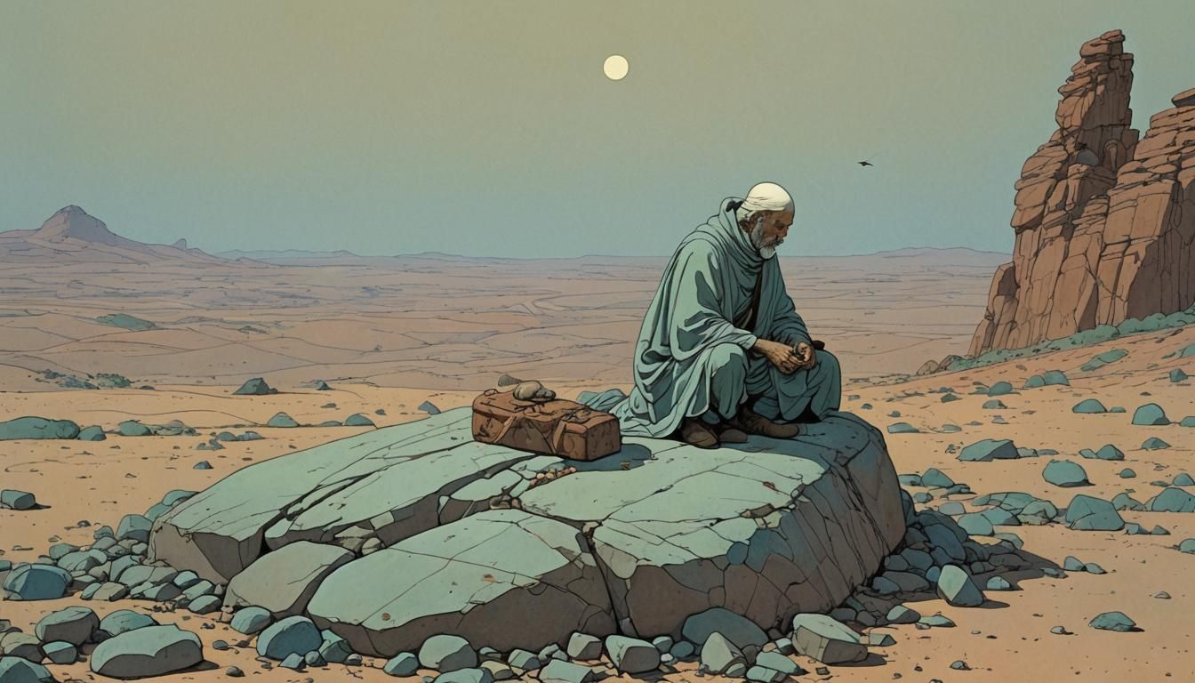 Poetic Stone and Bird in Moebius Style