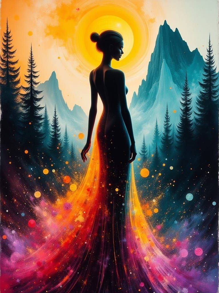 Ethereal Abstract Woman in Neon Paint Dress