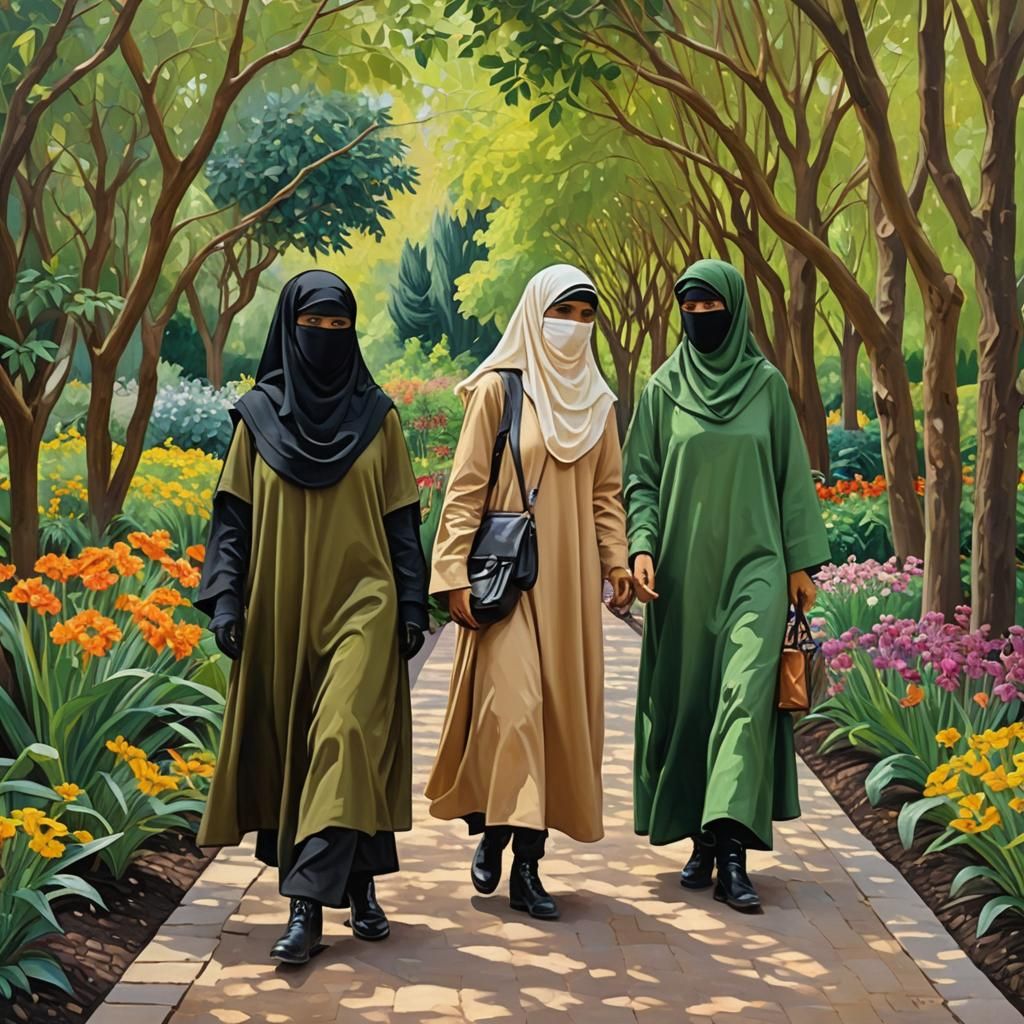 Visitors in Botanic Garden: Neo-Impressionist Oil Painting