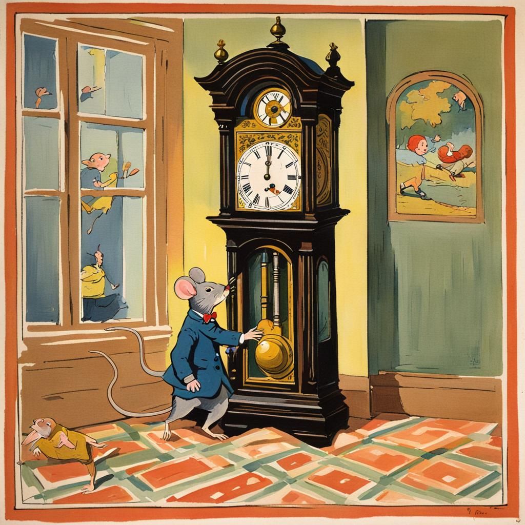 Mouse Climbing Clock: 1920s Gouache Illustration